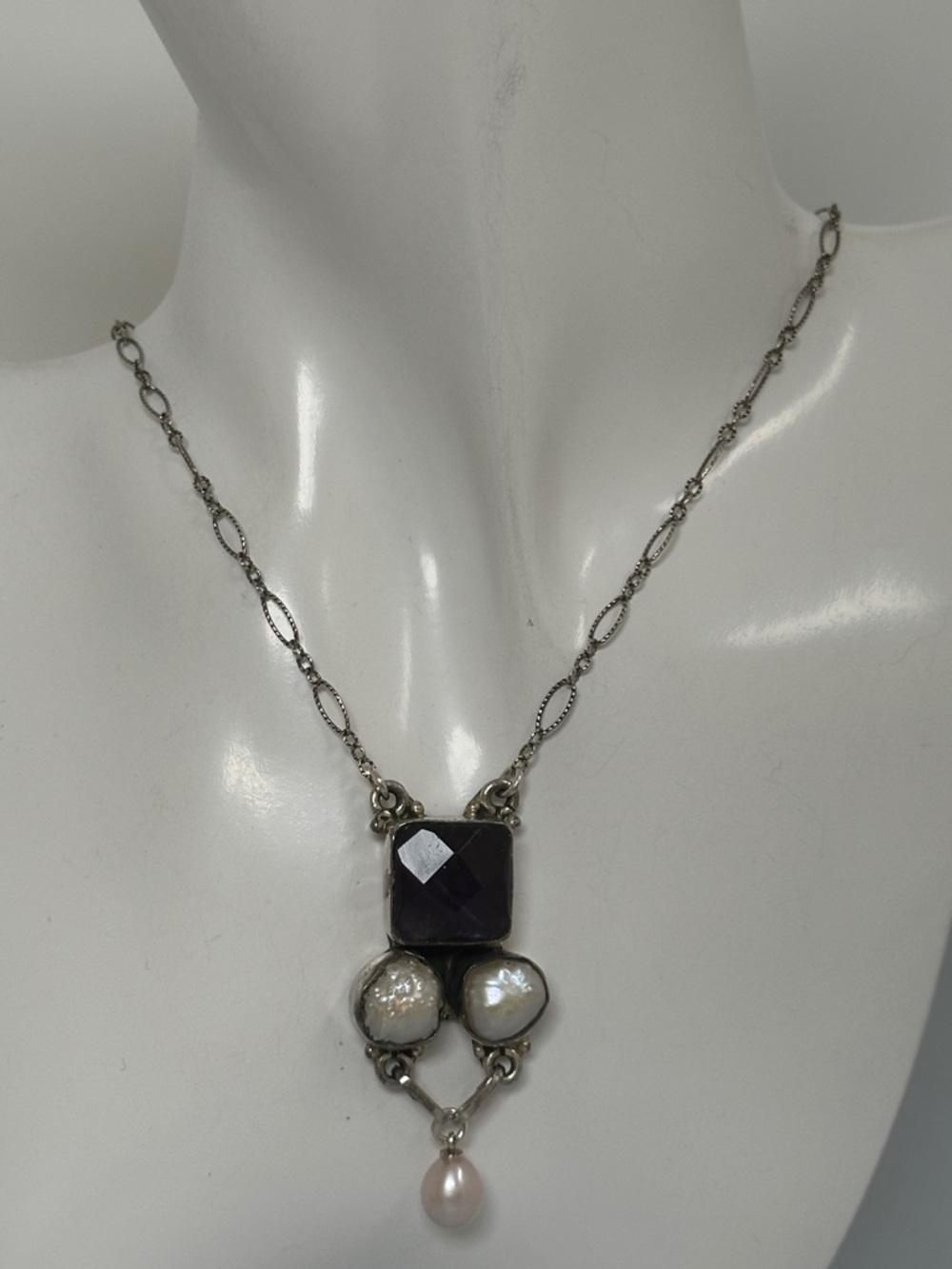 Estate Amethyst Gem And Real Pearl 925 Sterling Silver Drop Necklace